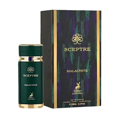 Botella verde esmeralda del perfume Sceptre Malachite Maison Alhambra 100ml EDP con diseño moderno