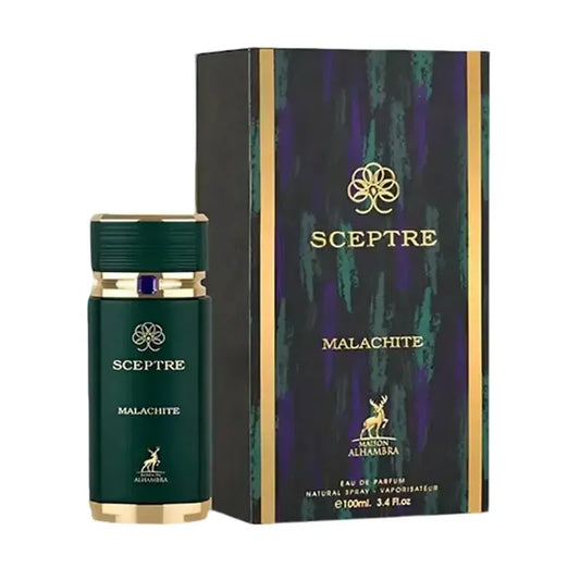 Botella verde esmeralda del perfume Sceptre Malachite Maison Alhambra 100ml EDP con diseño moderno