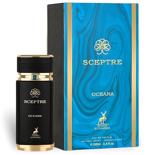 Botella azul del perfume Sceptre Oceana Maison Alhambra 100ml EDP con diseño oceánico
