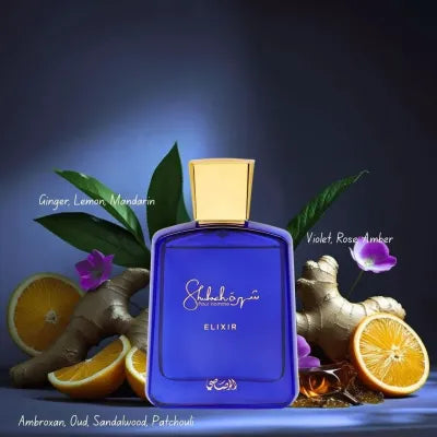 detalle del frasco del perfume Shuhrah Elixir Rasasi para hombre