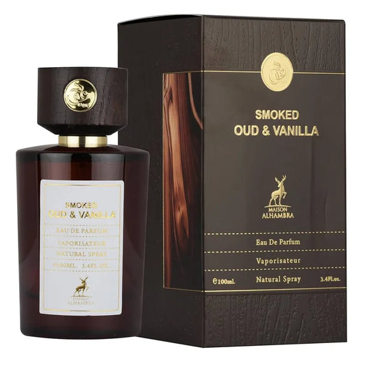 Botella elegante del perfume Smoked Oud & Vanilla Maison Alhambra 100ml con tonos oscuros