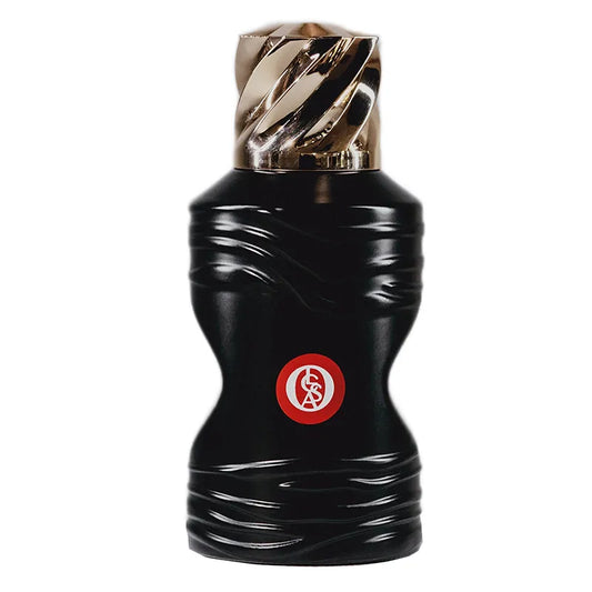 Botella de perfume Spiced Magma Oussal Parfum D Origine 80ml sobre fondo oscuro