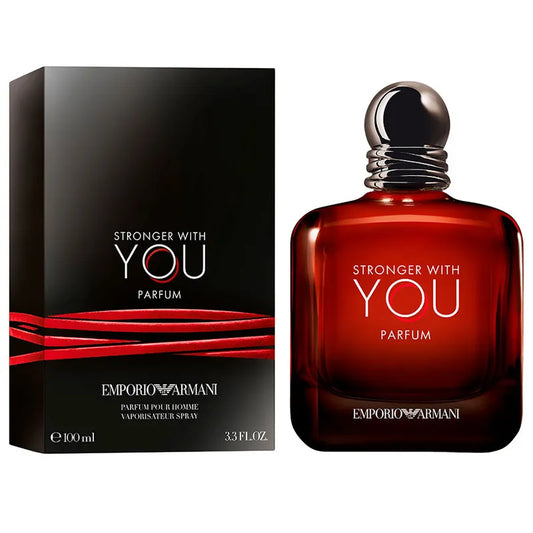 Botella azul oscuro perfume Stronger With You Parfum Armani 100ml con detalle rojo