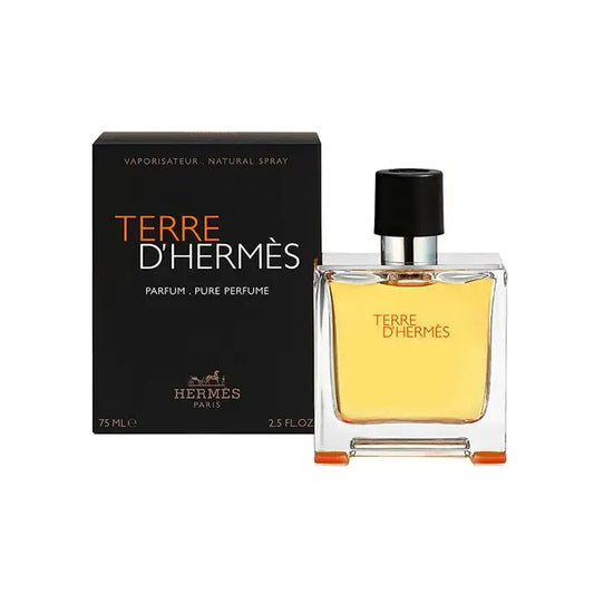 Botella cuadrada Terre D Hermes Parfum Pure Perfume 75ml color ámbar oscuro con tapón metálico