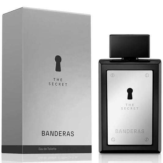 Botella negra perfume The Secret Antonio Banderas EDT 200ml con detalles plateados