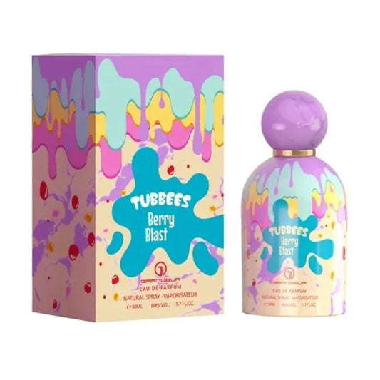 Botella morada perfume Tubbees Berry Blast Grandeur EDP 50ml con forma de oso y detalles brillantes