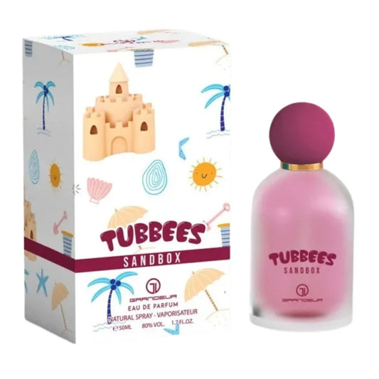 Botella beige perfume Tubbees Sandbox Grandeur EDP 50ml con forma de oso y detalles de arena
