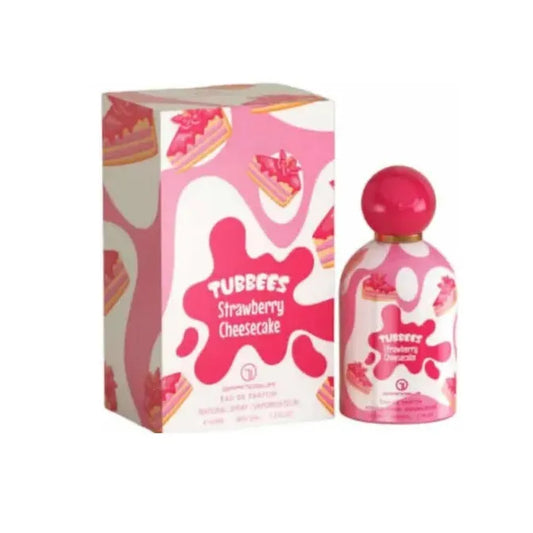 Botella rosa y beige perfume Tubbees Strawberry Cheesecake Grandeur EDP 50ml con forma de oso