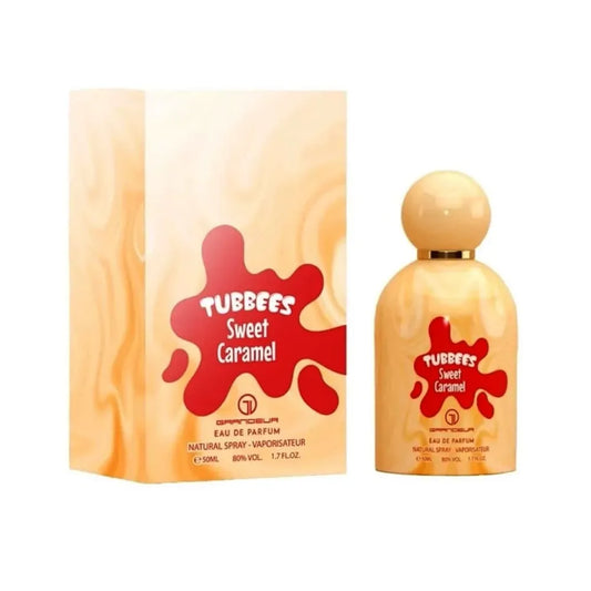 Botella ámbar Sweet Caramel tubbees Grandeur EDP 50ml con diseño de frasco de caramelo y detalles dorados
