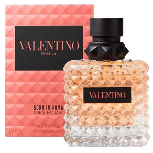 Botella coral Valentino Donna Born In Roma Coral Fantasy EDP 100ml con detalles dorados y studs