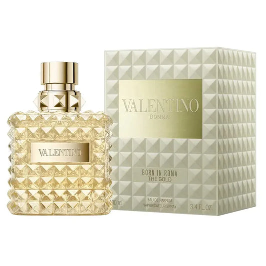 Botella dorada Valentino Donna Born In Roma The Gold EDT 100ml con studs transparentes