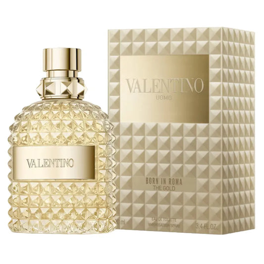 Botella dorada Valentino Uomo Born In Roma The Gold EDT 100ml con studs negros