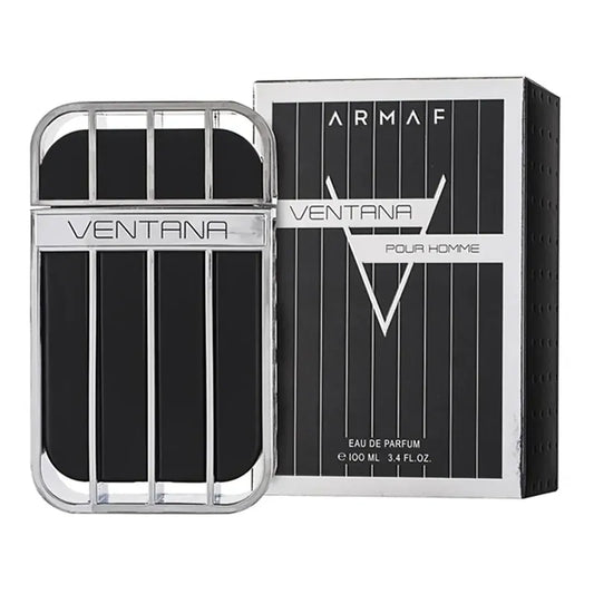Botella negra elegante de perfume Ventana Armaf con detalles plateados y diseño moderno
