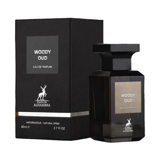 Botella marrón oscuro perfume Woody Oud Maison Alhambra EDP 80ml con detalles dorados