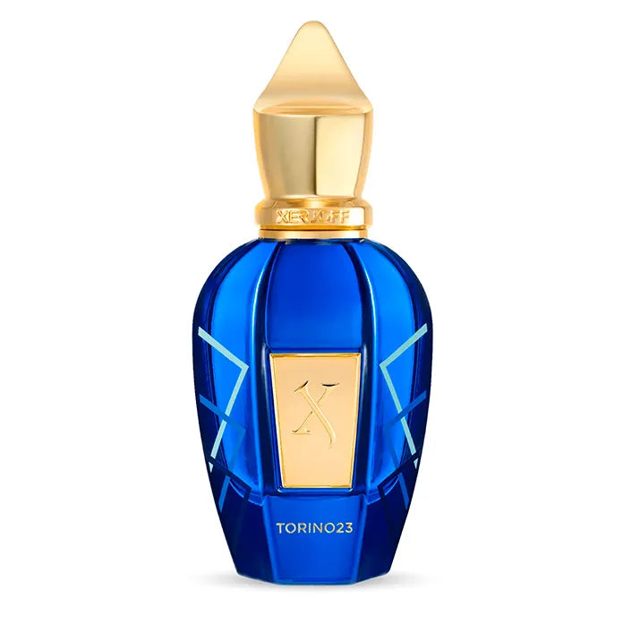 Botella azul cristal Xerjoff Torino 21 EDP 100ml con diseño urbano y tapón plateado
