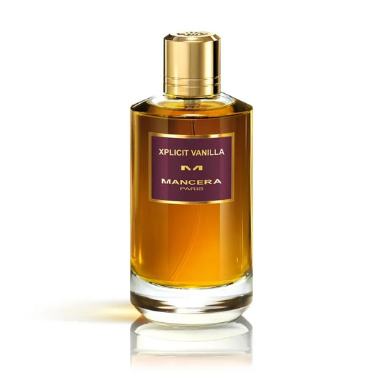 Botella elegante de perfume Xplicit Vanilla Mancera con detalles dorados
