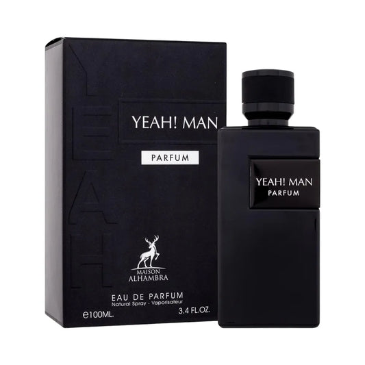 Botella negra Yeah Man parfum Maison Alhambra 100ml con detalles amarillos y diseño urbano