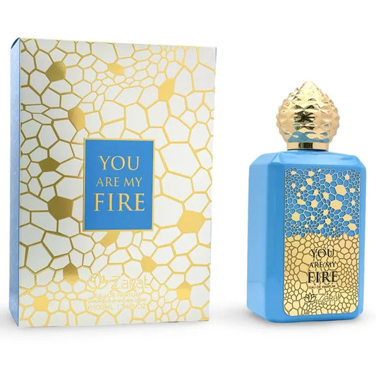 Botella roja You Are My Fire Zakat EDP 100ml con diseño de llamas y detalles dorados