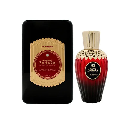 perfume zahara amber dubai al haramain en frasco dorado con detalles árabes y tapa negra