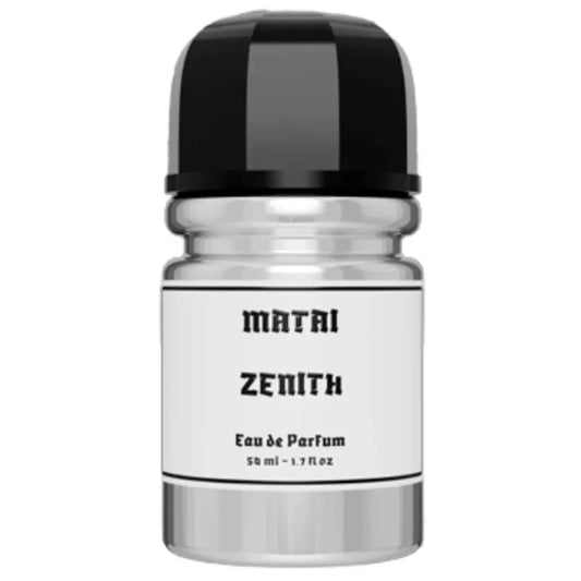 Botella negra del perfume Zenith Matai 50ml EDP con detalles dorados y diseño elegante