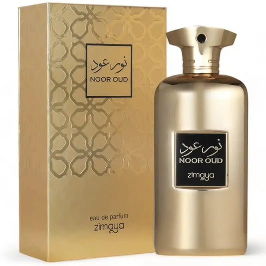 Botella negra Zimaya Noor Oud EDP 100ml para hombre con detalles dorados y árabes