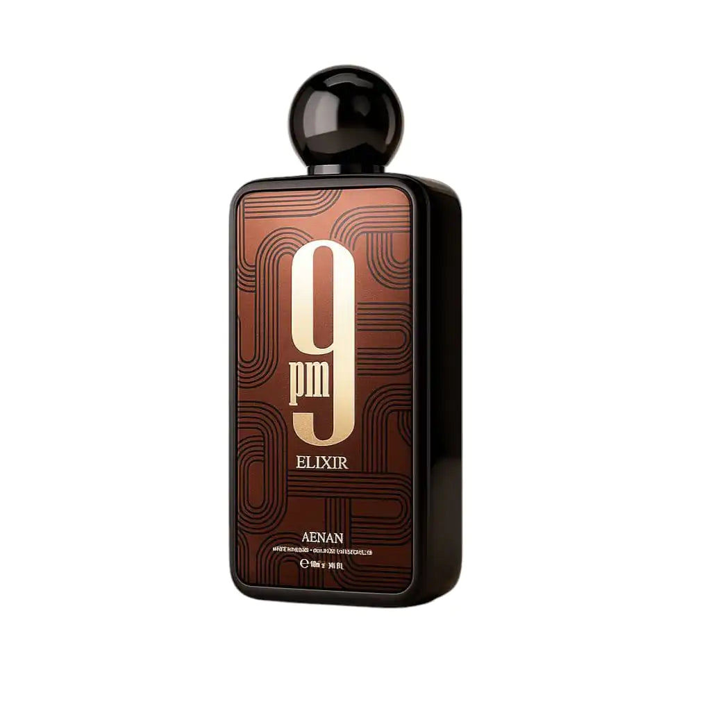 imagen artística del perfume afnan 9 pm elixir sobre fondo oscuro representando intensidad y elegancia oriental