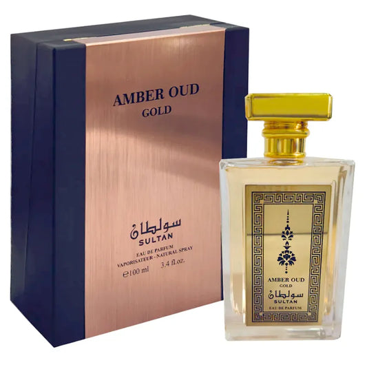 perfume amber oud gold sultan eau de parfum unisex frasco de 100ml con diseño dorado y elegante
