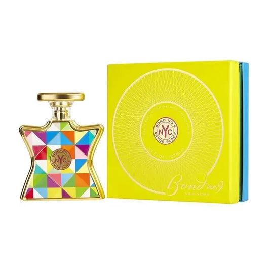 perfume astor place bond no 9 unisex frasco de 100ml con diseño colorido y forma distintiva