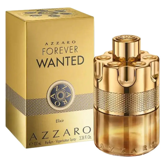 perfume azzaro forever wanted elixir parfum para hombre frasco de 100ml con diseño llamativo y detalles metálicos
