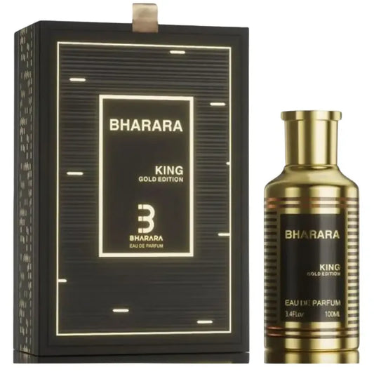 perfume bharara king gold edition eau de parfum frasco de 100ml con diseño dorado y acabado brillante
