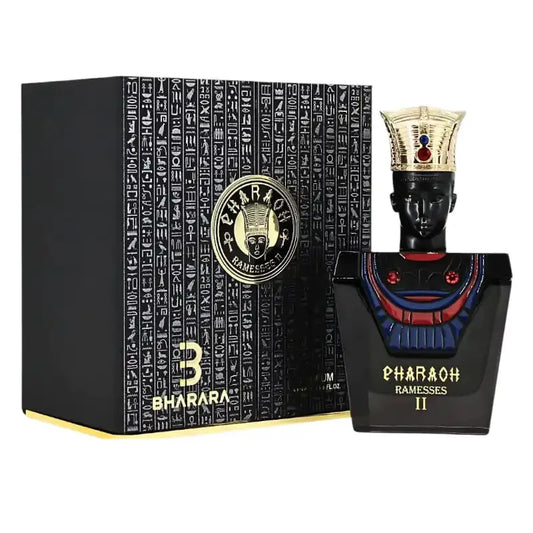 perfume bharara pharaoh ramesses 2 parfum frasco de 100ml con diseño dorado inspirado en la cultura egipcia
