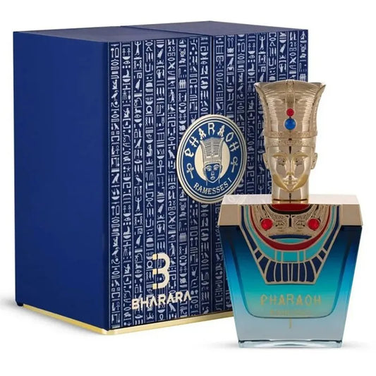 perfume bharara pharaoh ramesses parfum para hombre frasco de 100ml con diseño dorado y detalles faraónicos
