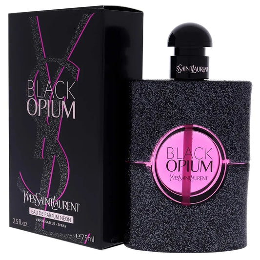 perfume black opium neon ysl eau de parfum para mujer frasco de 75ml con diseño oscuro y detalles en rosa neón