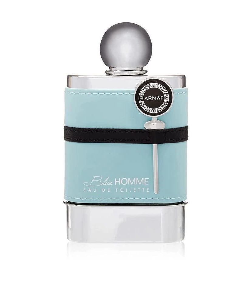 detalle del frasco del perfume blue homme de armaf con su tapón metálico y acabado brillante