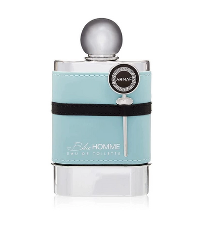 detalle del frasco del perfume blue homme de armaf con su tapón metálico y acabado brillante