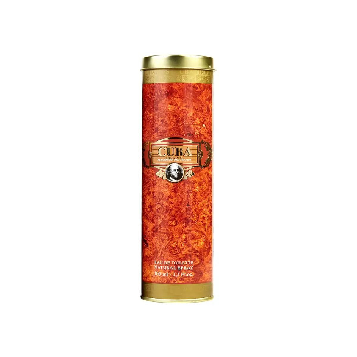 Estuche del perfume Cuba Gold de 100 ml, presentación cilíndrica naranja marmoleada con detalles dorados sobre fondo blanco