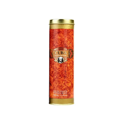 Estuche del perfume Cuba Gold de 100 ml, presentación cilíndrica naranja marmoleada con detalles dorados sobre fondo blanco
