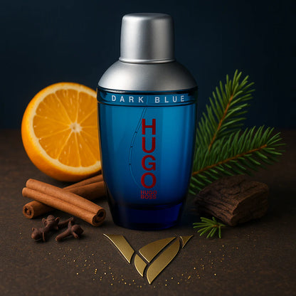 Perfume original Hugo Boss Dark Blue Travel Voyage 75ml con tapa metálica y presentación de lujo sobre fondo claro