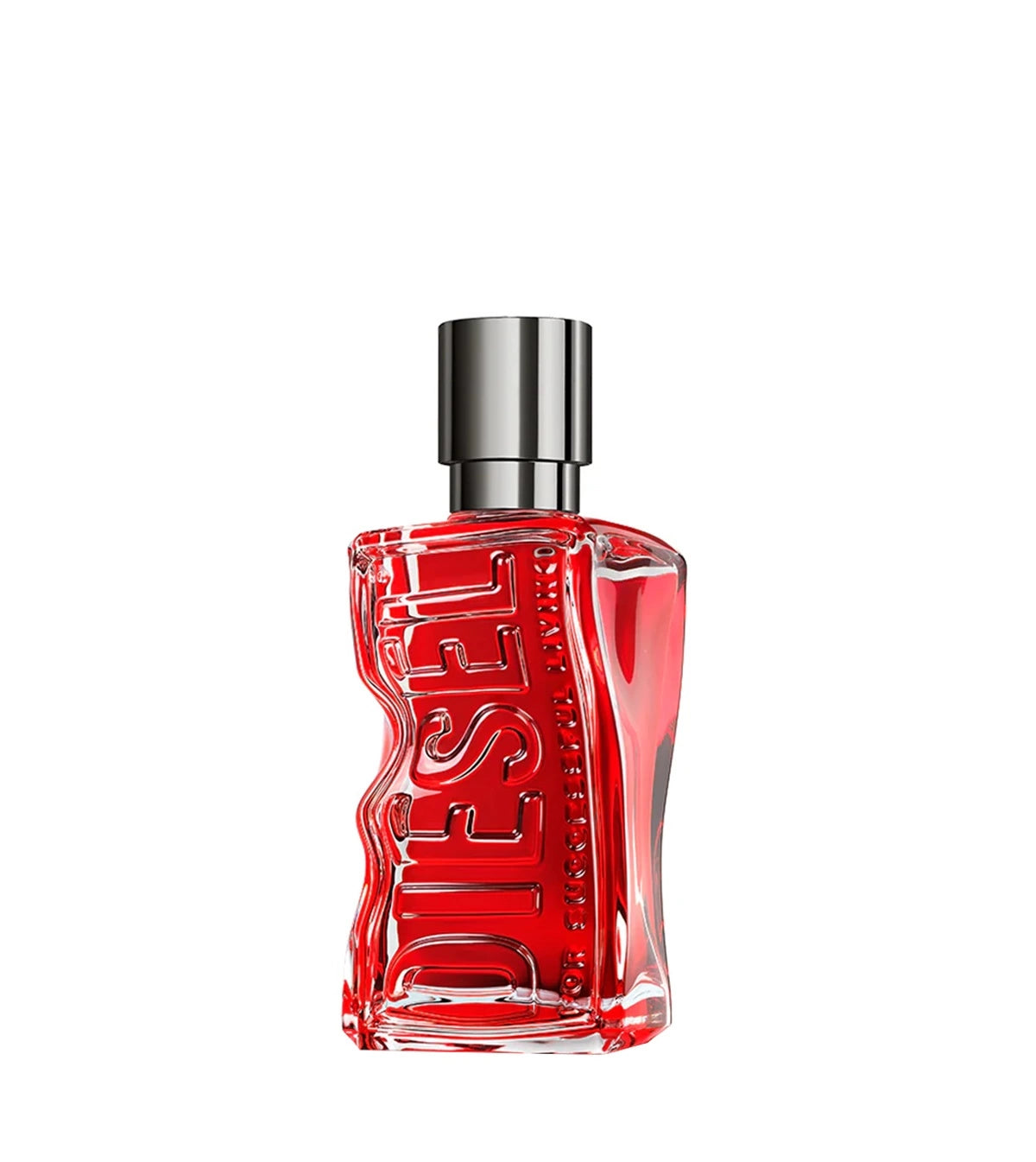 detalle del frasco del perfume diesel d red sobre fondo oscuro destacando su intensidad visual