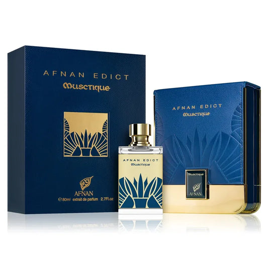 frasco de perfume edict musctique afnan 80ml unisex sobre fondo blanco
