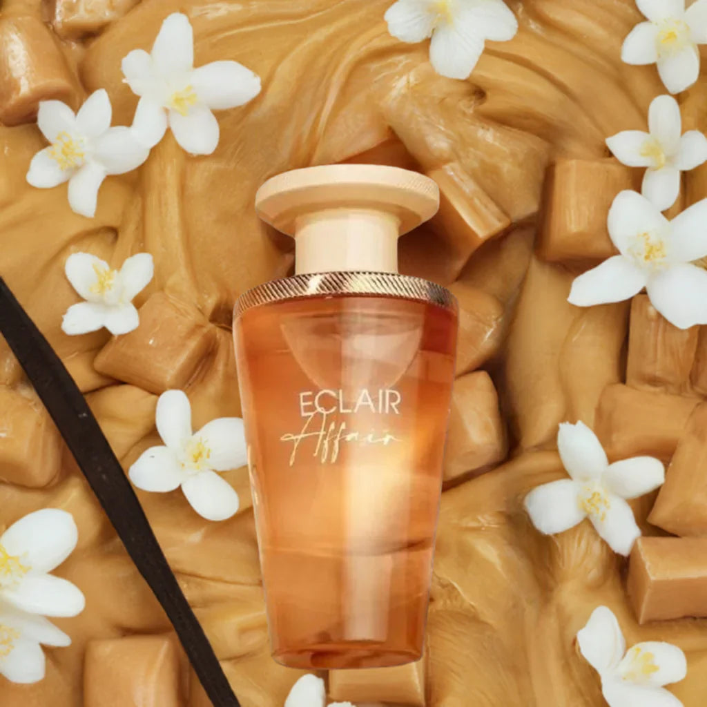 Frasco del perfume Éclair Affair French Avenue visto de frente mostrando etiqueta y tapa dorada brillante