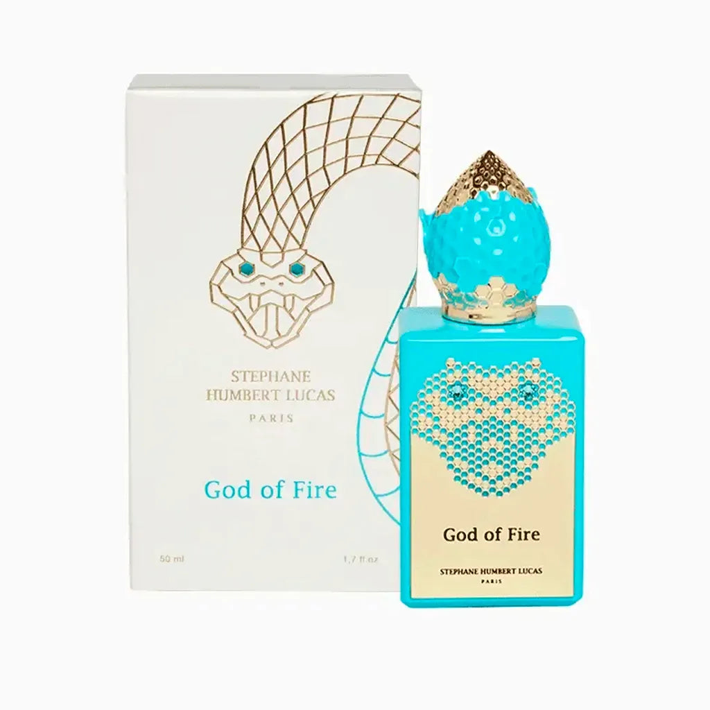 Frasco del perfume God Of Fire Stephane Humbert Lucas 777 50 ml con diseño artístico y acabado detallado