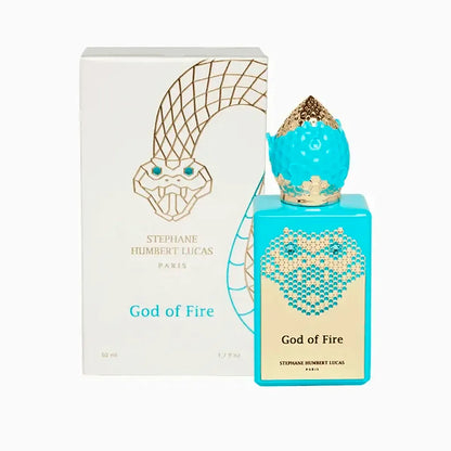 Frasco del perfume God Of Fire Stephane Humbert Lucas 777 50 ml con diseño artístico y acabado detallado