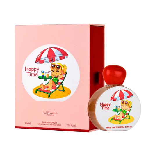 perfume happy time lattafa kids eau de parfum 75 ml para niños con frasco colorido y diseño divertido sobre fondo blanco