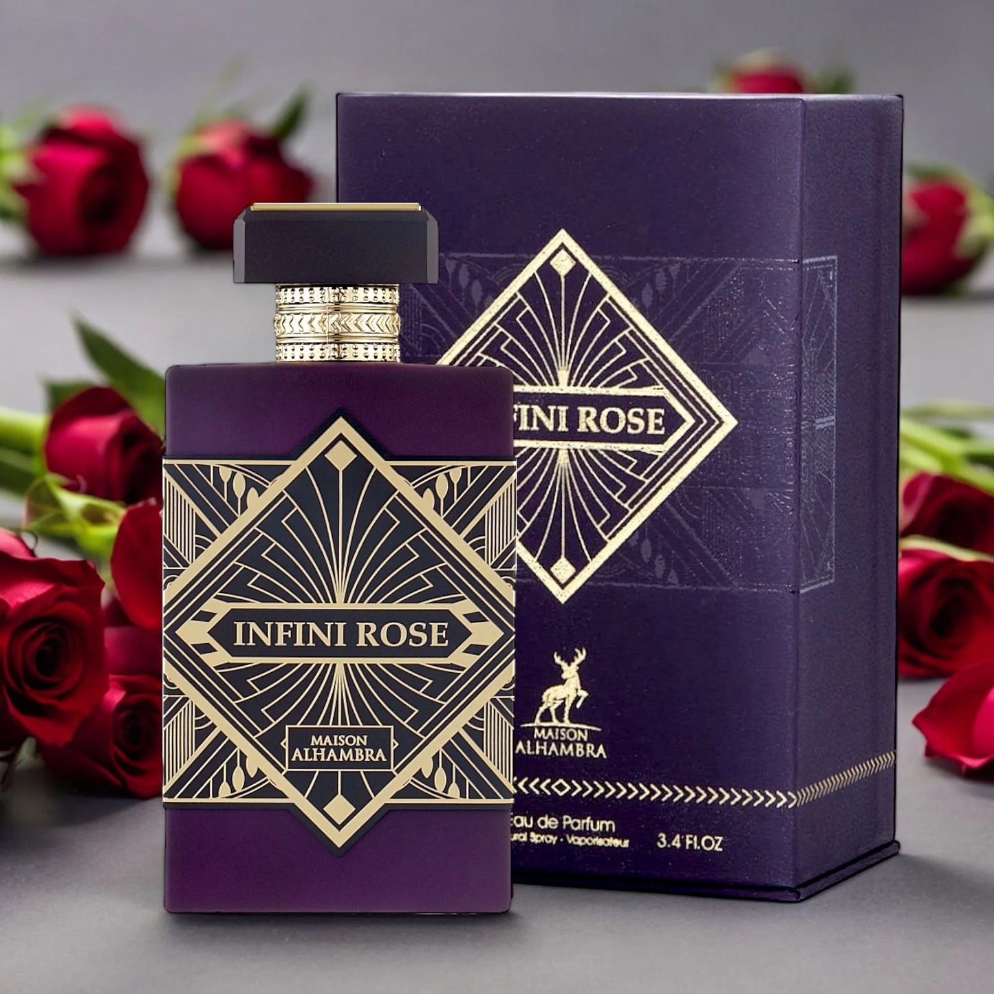 imagen artística del perfume infini rose maison alhambra sobre fondo suave representando su esencia floral y sofisticada
