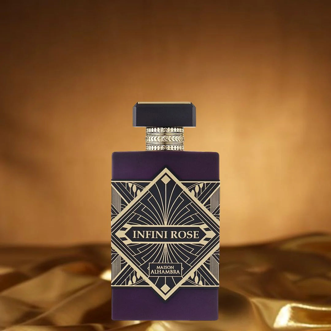 foto del perfume infini rose maison alhambra 100 ml resaltando su diseño elegante y estilo femenino