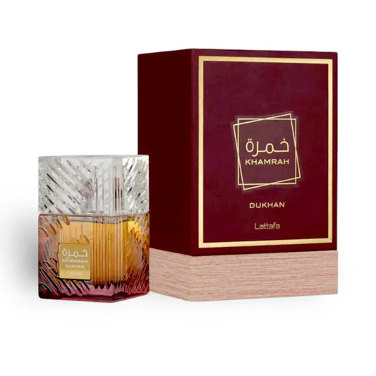perfume khamrah dukhan lattafa eau de parfum de 100 ml para hombre con aroma especiado dulce y frasco de diseño elegante ideal para ocasiones especiales