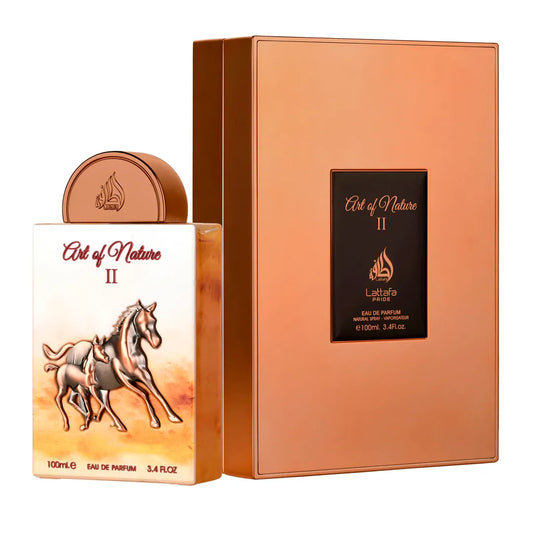 perfume lattafa art of nature 2 eau de parfum 100 ml con frasco elegante decorado con detalles florales sobre fondo blanco