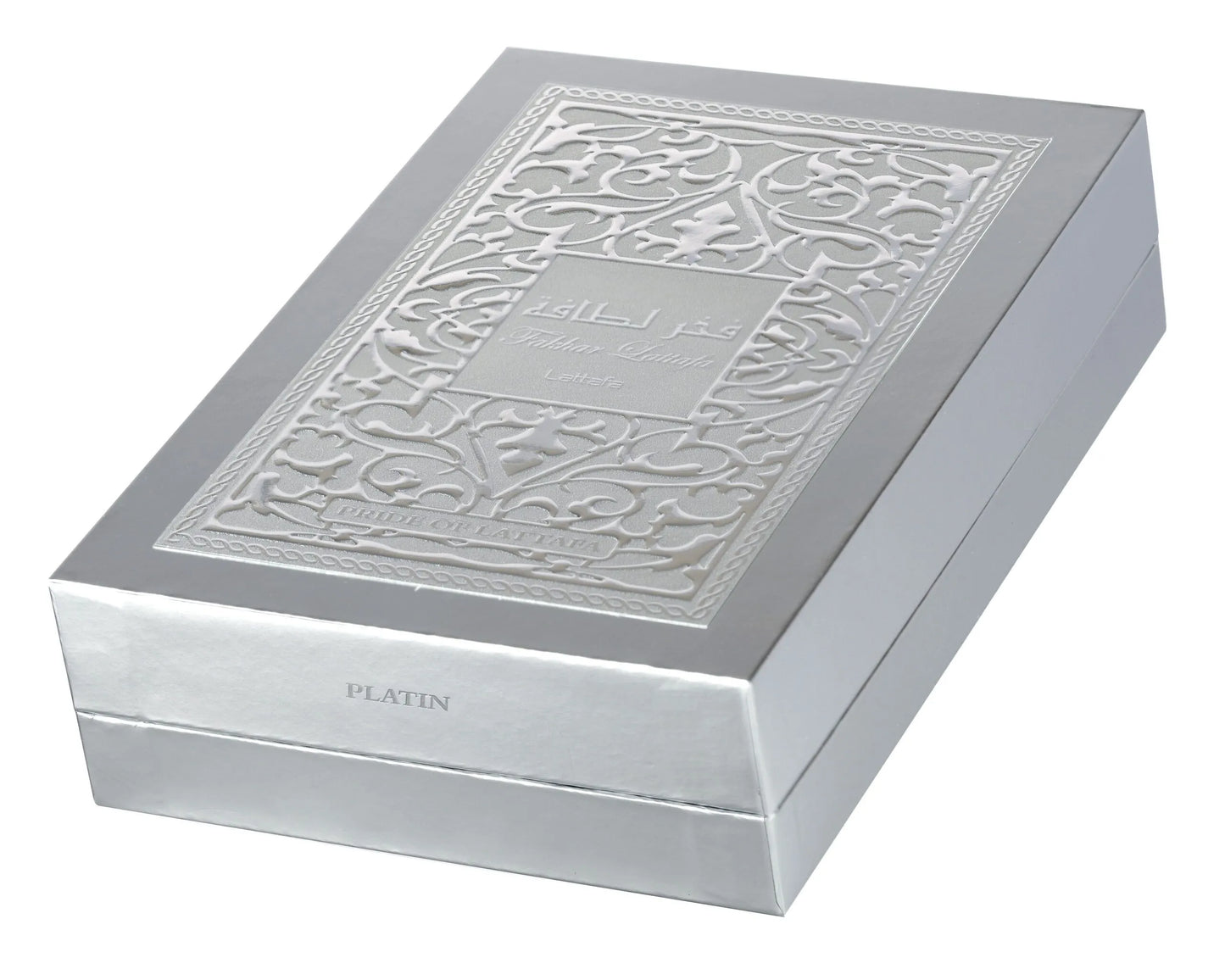 Frasco del perfume Fakhar Platin de Lattafa mostrando su diseño moderno con textura brillante y detalles cromados