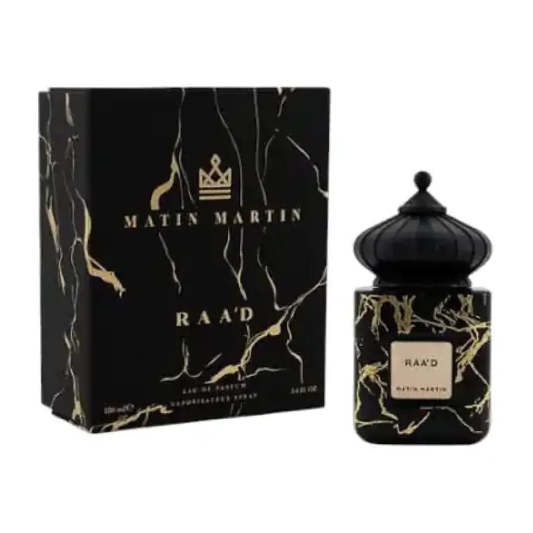 perfume raad matin martin botella vista frontal con diseño oscuro elegante y etiqueta dorada